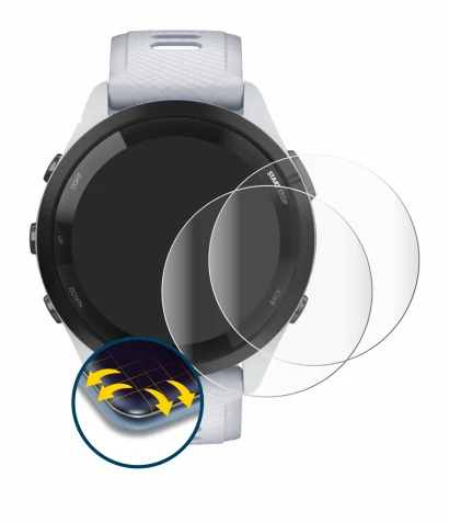 Immagine del dispositivo Garmin Forerunner 265 (46 mm) con un'ampia varietà di protezioni per lo schermo.