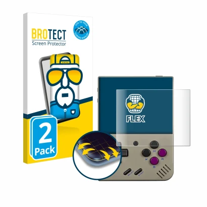 Parte frontale di una confezione del prodotto con il logo del marchio BROTECT. Accanto è raffigurato il dispositivo Miyoo Mini