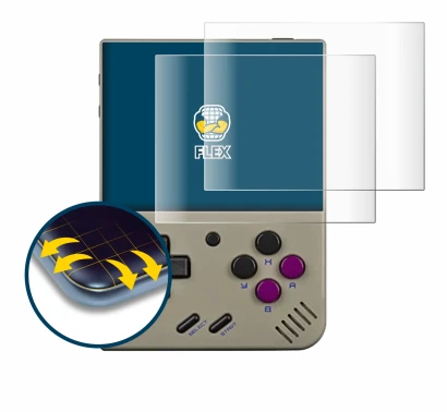 Immagine del dispositivo Miyoo Mini Plus con un'ampia varietà di protezioni per lo schermo.