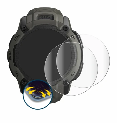 Immagine del dispositivo Garmin Instinct 2X Solar con un'ampia varietà di protezioni per lo schermo.