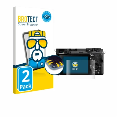 Parte frontale di una confezione del prodotto con il logo del marchio BROTECT. Accanto è raffigurato il dispositivo Sony Alpha