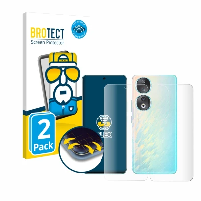 Parte frontale di una confezione del prodotto con il logo del marchio BROTECT. Accanto è raffigurato il dispositivo Honor 90 (