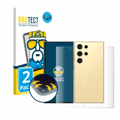 Parte frontale di una confezione del prodotto con il logo del marchio BROTECT. Accanto è raffigurato il dispositivo Samsung Ga