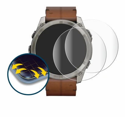 Immagine del dispositivo Garmin Fenix 8 AMOLED (51 mm) con un'ampia varietà di protezioni per lo schermo.