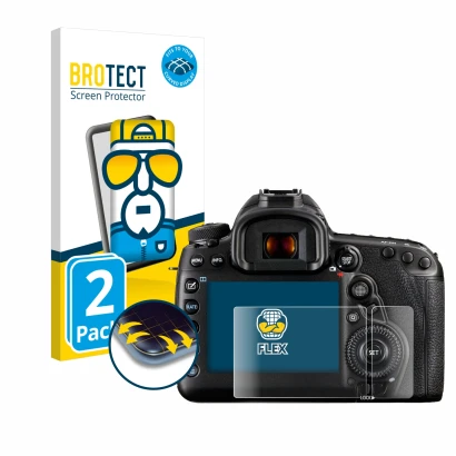 Parte frontale di una confezione del prodotto con il logo del marchio BROTECT. Accanto è raffigurato il dispositivo Canon EOS