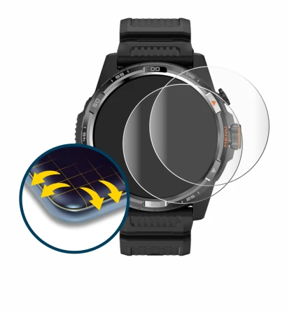 Immagine del dispositivo Mobvoi Ticwatch Atlas con un'ampia varietà di protezioni per lo schermo.