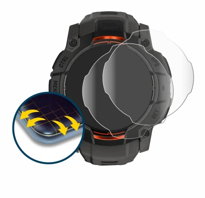 Immagine del dispositivo Garmin Instinct 3 Solar (50 mm) con un'ampia varietà di protezioni per lo schermo.