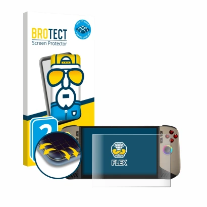 Parte frontale di una confezione del prodotto con il logo del marchio BROTECT. Accanto è raffigurato il dispositivo MSI Claw 8