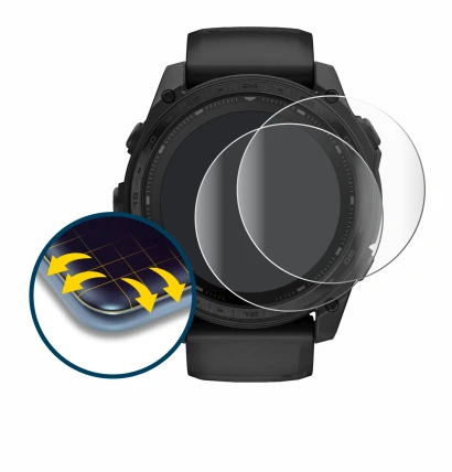 Immagine del dispositivo Garmin Tactix 8 Solar (51 mm) con un'ampia varietà di protezioni per lo schermo.