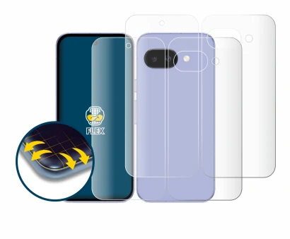 Immagine del dispositivo Google Pixel 9a (Fronte+Retro) con un'ampia varietà di protezioni per lo schermo.