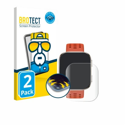 Parte frontale di una confezione del prodotto con il logo del marchio BROTECT. Accanto è raffigurato il dispositivo Huami Amaz