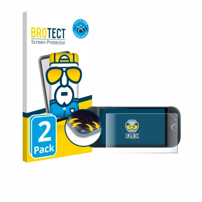 Parte frontale di una confezione del prodotto con il logo del marchio BROTECT. Accanto è raffigurato il dispositivo Nintendo S