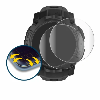 Immagine del dispositivo Garmin Instinct 3 Solar Tactical Edition (50 mm) con un'ampia varietà di protezioni per lo schermo.