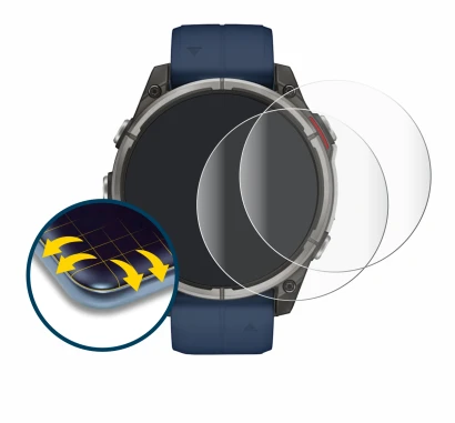 Immagine del dispositivo Garmin quatix 8 (47 mm) con un'ampia varietà di protezioni per lo schermo.