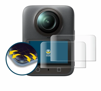 Immagine del dispositivo DJI Osmo 360 con un'ampia varietà di protezioni per lo schermo.