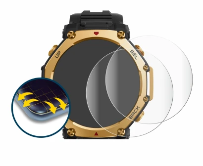 Immagine del dispositivo Huami Amazfit T-Rex 3 Pro (48 mm) con un'ampia varietà di protezioni per lo schermo.