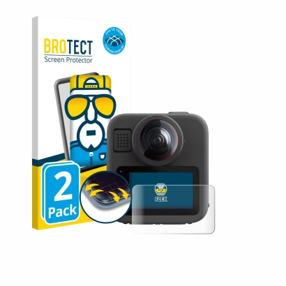 Parte frontale di una confezione del prodotto con il logo del marchio BROTECT. Accanto è raffigurato il dispositivo GoPro Max 