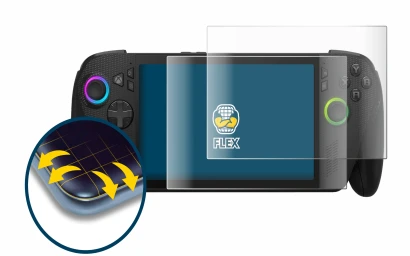 Immagine del dispositivo ASUS ROG Xbox Ally X con un'ampia varietà di protezioni per lo schermo.