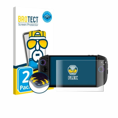 Parte frontale di una confezione del prodotto con il logo del marchio BROTECT. Accanto è raffigurato il dispositivo Lenovo Leg