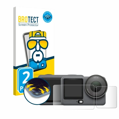 Parte frontale di una confezione del prodotto con il logo del marchio BROTECT. Accanto è raffigurato il dispositivo DJI Osmo A