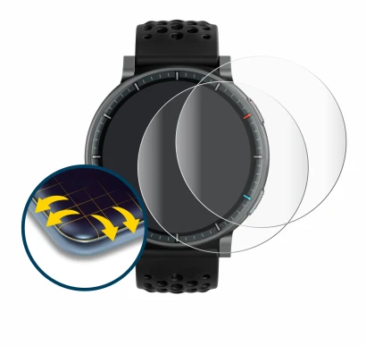 Immagine del dispositivo Amazfit Active Max con un'ampia varietà di protezioni per lo schermo.