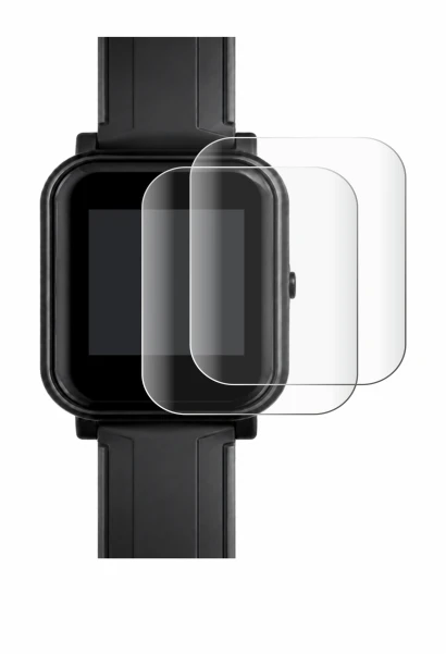 Immagine del dispositivo Bangle.js 2 con un'ampia varietà di protezioni per lo schermo.