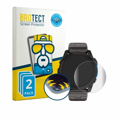 Parte frontale di una confezione del prodotto con il logo del marchio BROTECT. Accanto è raffigurato il dispositivo Garmin D2 