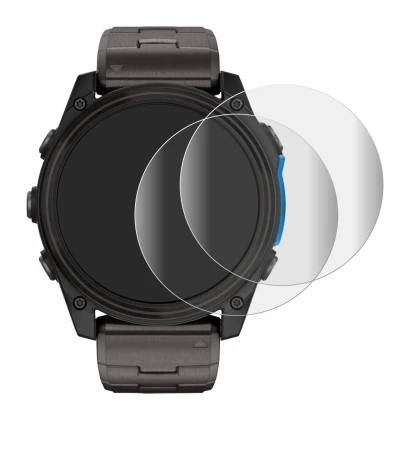 Immagine del dispositivo Garmin D2 Mach 2 (51 mm) con un'ampia varietà di protezioni per lo schermo.
