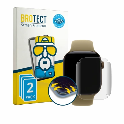 Parte frontale di una confezione del prodotto con il logo del marchio BROTECT. Accanto è raffigurato il dispositivo Apple Watc