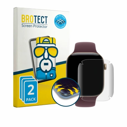 Parte frontale di una confezione del prodotto con il logo del marchio BROTECT. Accanto è raffigurato il dispositivo Apple Watc