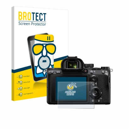 Parte frontale di una confezione del prodotto con il logo del marchio BROTECT. Accanto è raffigurato il dispositivo Sony Alpha