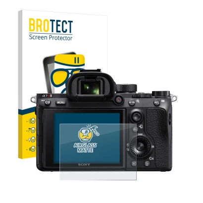 Parte frontale di una confezione del prodotto con il logo del marchio BROTECT. Accanto è raffigurato il dispositivo Sony Alpha