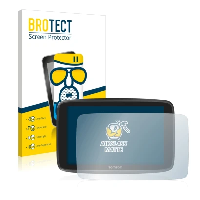 Parte frontale di una confezione del prodotto con il logo del marchio BROTECT. Accanto è raffigurato il dispositivo TomTom GO 