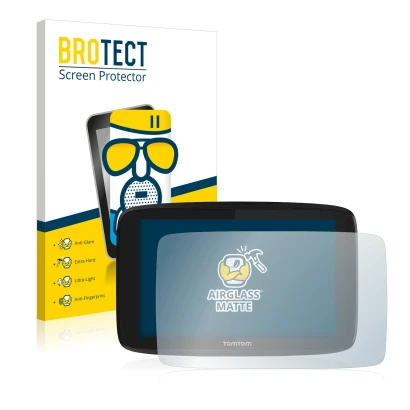 Parte frontale di una confezione del prodotto con il logo del marchio BROTECT. Accanto è raffigurato il dispositivo TomTom GO 