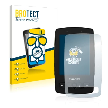 Parte frontale di una confezione del prodotto con il logo del marchio BROTECT. Accanto è raffigurato il dispositivo TwoNav Ave