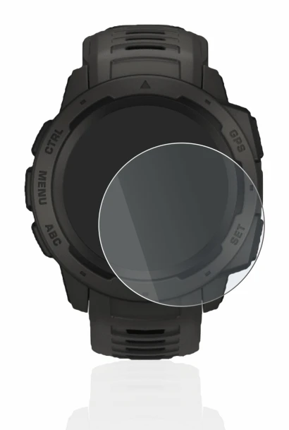 Immagine del dispositivo Garmin Instinct Solar con un'ampia varietà di protezioni per lo schermo.