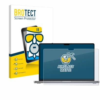 Parte frontale di una confezione del prodotto con il logo del marchio BROTECT. Accanto è raffigurato il dispositivo Apple MacB