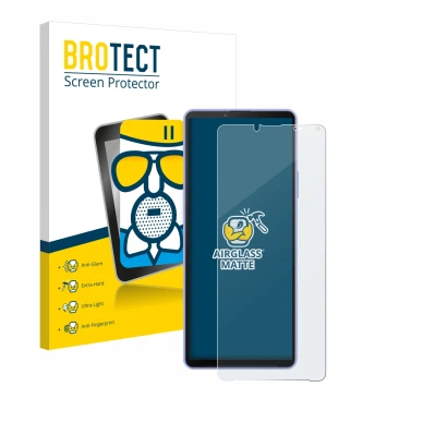 Parte frontale di una confezione del prodotto con il logo del marchio BROTECT. Accanto è raffigurato il dispositivo Sony Xperi