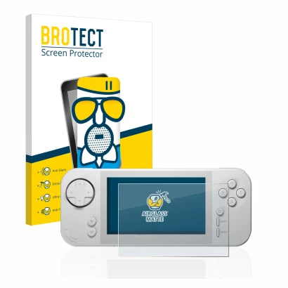 Parte frontale di una confezione del prodotto con il logo del marchio BROTECT. Accanto è raffigurato il dispositivo Evercade E