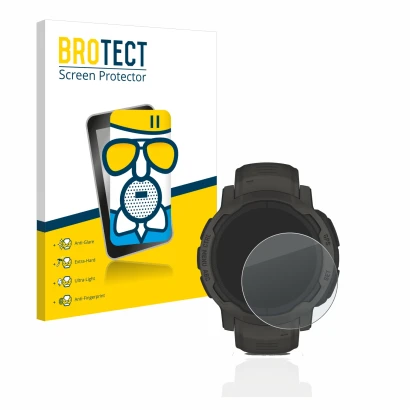 Parte frontale di una confezione del prodotto con il logo del marchio BROTECT. Accanto è raffigurato il dispositivo Garmin Ins