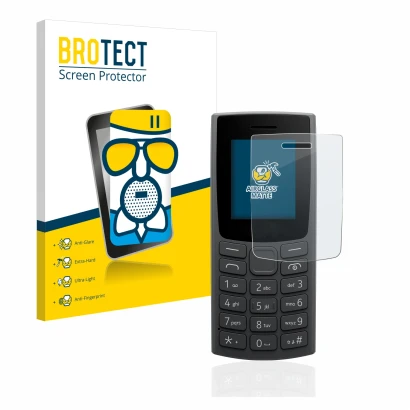 Parte frontale di una confezione del prodotto con il logo del marchio BROTECT. Accanto è raffigurato il dispositivo Nokia 105 