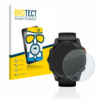 Parte frontale di una confezione del prodotto con il logo del marchio BROTECT. Accanto è raffigurato il dispositivo Garmin Fen