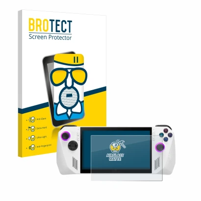 Parte frontale di una confezione del prodotto con il logo del marchio BROTECT. Accanto è raffigurato il dispositivo ASUS ROG A