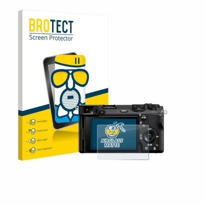 Parte frontale di una confezione del prodotto con il logo del marchio BROTECT. Accanto è raffigurato il dispositivo Sony Alpha