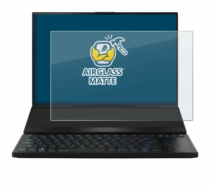 Immagine del dispositivo ASUS ROG Zephyrus Duo 16 2023 con un'ampia varietà di protezioni per lo schermo.