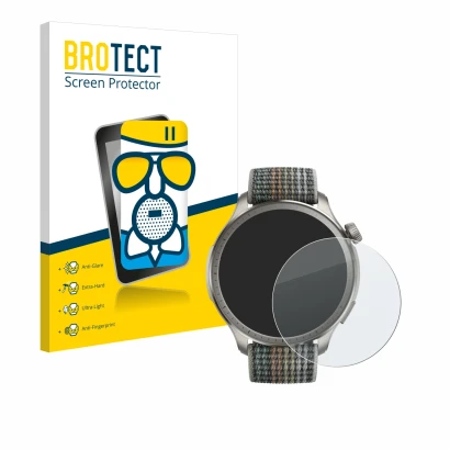 Parte frontale di una confezione del prodotto con il logo del marchio BROTECT. Accanto è raffigurato il dispositivo Huami Amaz