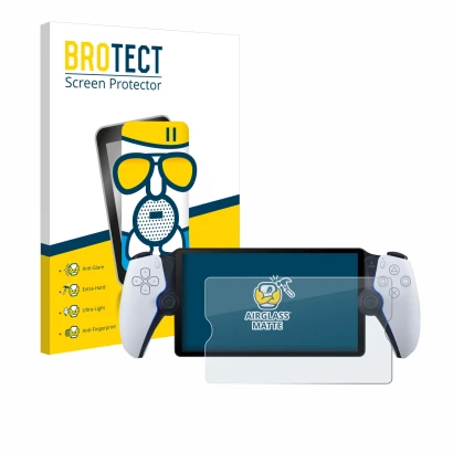 Parte frontale di una confezione del prodotto con il logo del marchio BROTECT. Accanto è raffigurato il dispositivo Sony Plays