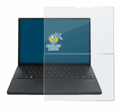 Immagine del dispositivo ASUS ZenBook Duo OLED 2024 UX8406 con un'ampia varietà di protezioni per lo schermo.