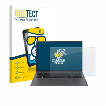 Parte frontale di una confezione del prodotto con il logo del marchio BROTECT. Accanto è raffigurato il dispositivo LG gram 17