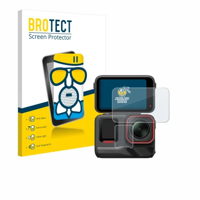 Parte frontale di una confezione del prodotto con il logo del marchio BROTECT. Accanto è raffigurato il dispositivo Insta360 A